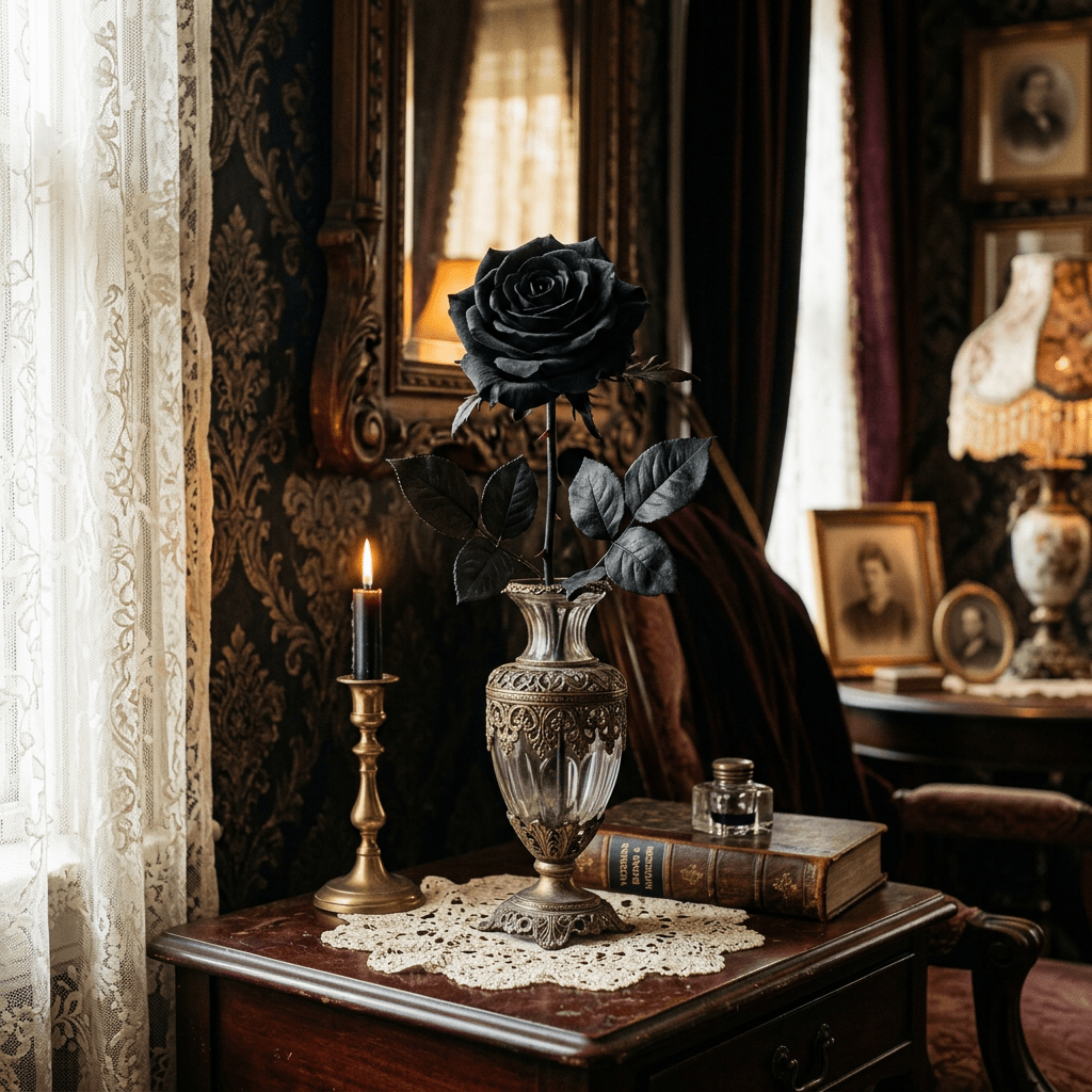 Black rose in decorative vase next to lit candle and old book on wooden table